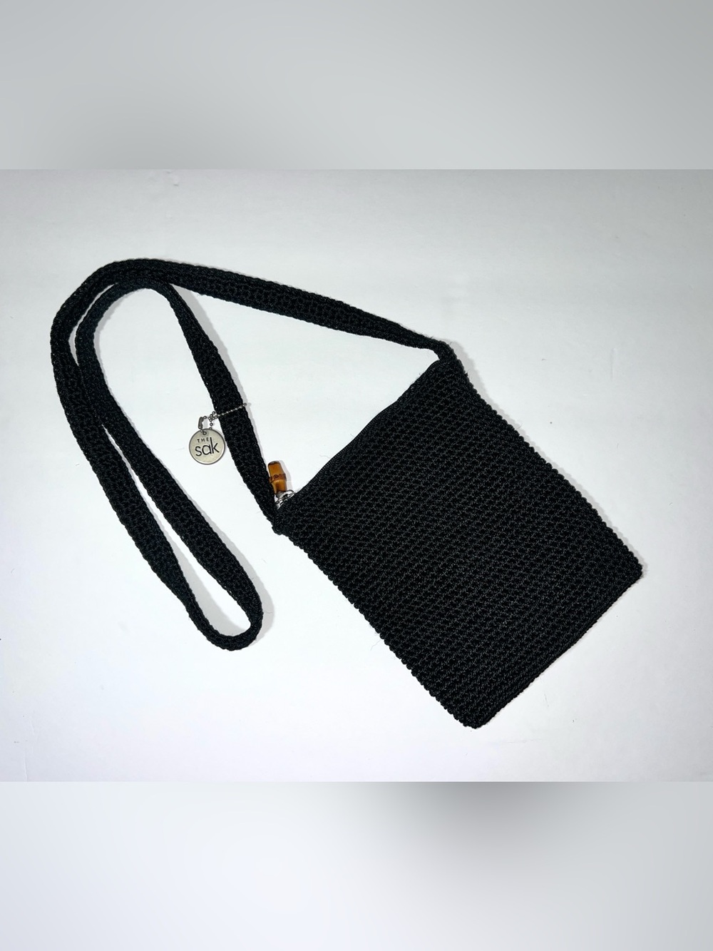 The Sak Vintage Black Hand-Crochet Crossbody Purse Bag Bamboo Zipper Pull Y2K - Picture 1 of 14